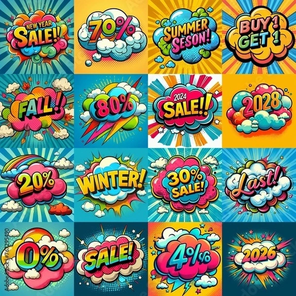 Obraz Sale stickers pop art style. AI generated illustration