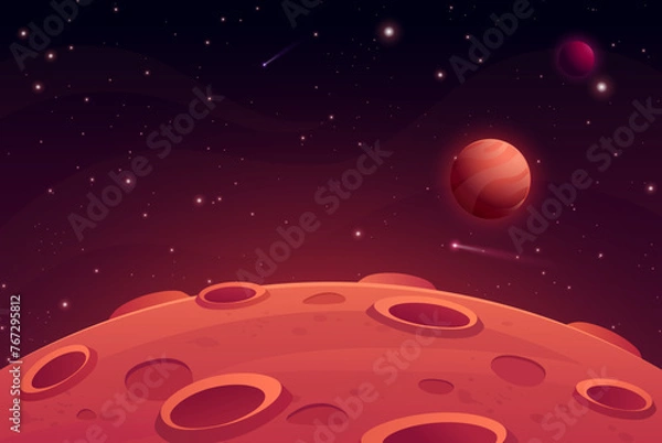 Fototapeta Mars surface landscape. Vector illustration of night alien planet with craters, saturn planet, sky galaxy, comet and stars. Red desert in cosmos.Martian extraterrestrial background for game, ui design