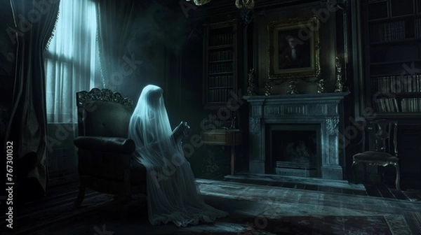 Obraz Eerie figure shrouded in white haunts a dark, Victorian room with an air of ghostly solitude