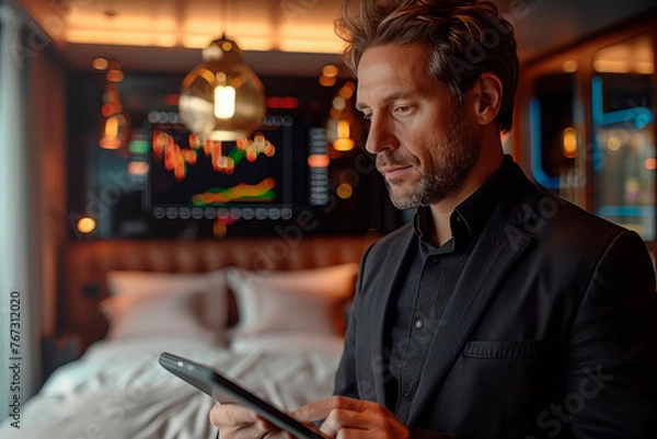 Fototapeta An elegantly dressed business man with a thoughtful expression is focused on a tablet displaying financial charts, with the plush ambiance of a luxury hotel room behind him.