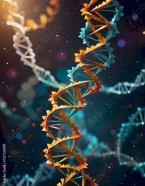 Fototapeta Vibrant Paper Artwork of Stylized DNA Strands Illuminated with Light Effects, Generative AI