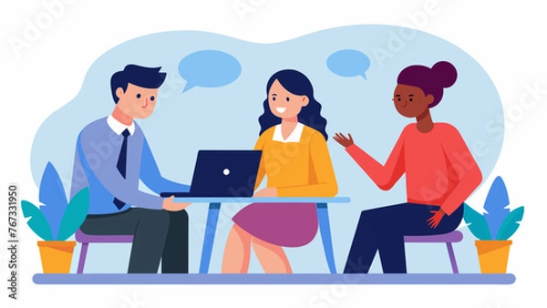 Fototapeta A mediator facilitates a conversation between two coworkers utilizing conflict resolution techniques to deescalate tension and find common