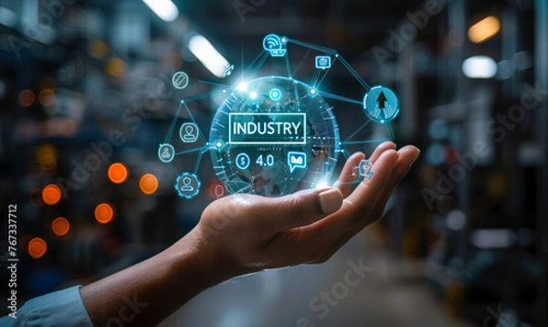 Fototapeta Industrial Engineer Presents the Future of Manufacturing with Industry 4.0 Revolution Technologies in a Global Context