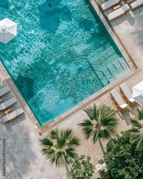 Fototapeta Aerial view of a swimming pool with white sun loungers and umbrellas