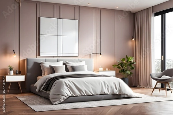Fototapeta luxury studio apartment with a free layout in a loft style in dark colors. Stylish modern, cozy bedroom area with fireplace.