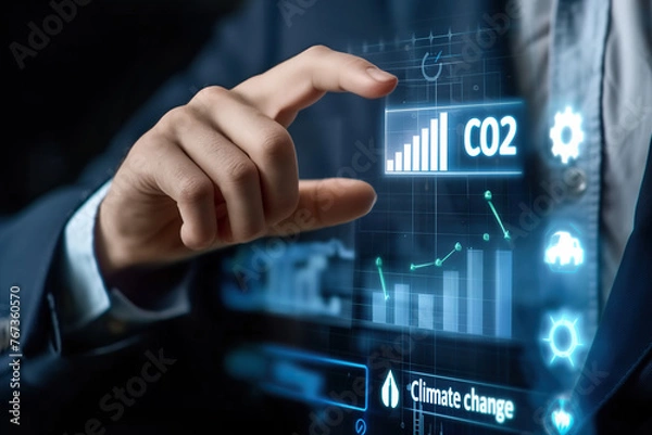 Fototapeta Climate change to limit global warming and sustainable development and green business. Businessman touching carbon reduction icon on virtual screen