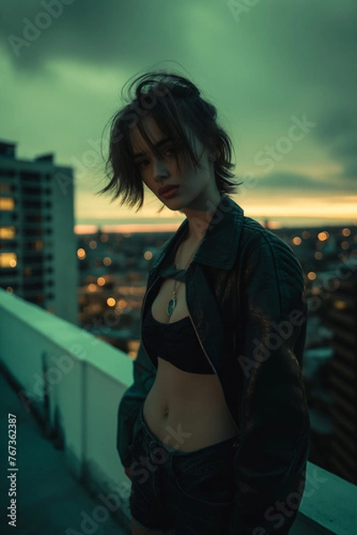 Fototapeta a young woman standing on a rooftop posing for a photo, in the style of light green and dark amber, leather/hide, uhd image, pop inspo, layered mesh, vivid portrait, honey core