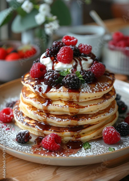 Fototapeta  Pancake Stack with Berries, Whipped Cream, and Chocolate Drizzle