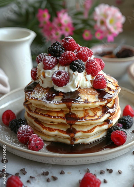 Fototapeta  Pancake Stack with Berries, Whipped Cream, and Chocolate Drizzle