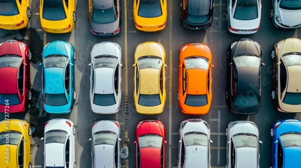 Fototapeta Colorful cars in the parking lot, aerial view. Top view of many different cars standing in rows in parking lot.	