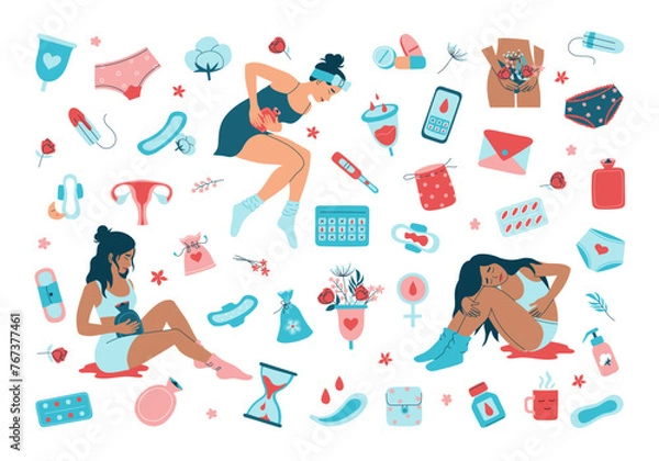 Obraz Set of menstruation period elements and women with menstrual pain in hand drawn. Girl's health concept. Various feminine hygiene products, menses protection icons. Isolated vector flat illustration