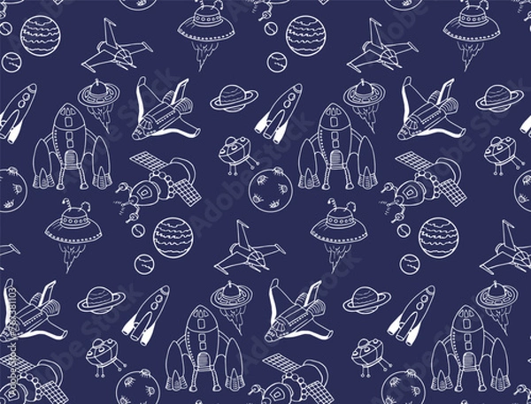 Obraz Vintage doodle background. Seamless pattern of vector hand drawn spaceships. Retro space blueprint for kids.