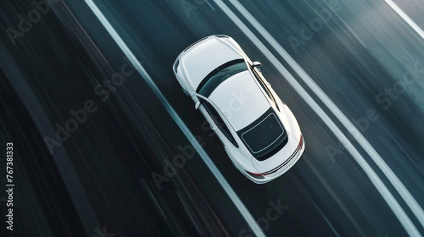 Fototapeta Aerial view of a white car in motion on an asphalt highway. A long-exposure shot. Top view of the white car moving fast.