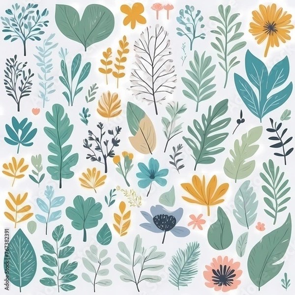 Fototapeta A collection of seamless pattern, colorful abstract plants and flowers. Hand drawn Collection of leaves and flowers. A close up of a pattern of flowers and leaves.
