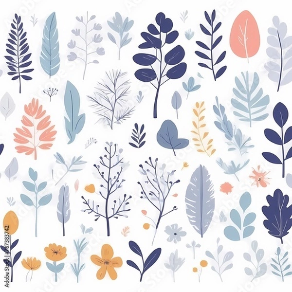 Fototapeta A collection of seamless pattern, colorful abstract plants and flowers. Hand drawn Collection of leaves and flowers. A close up of a pattern of flowers and leaves.
