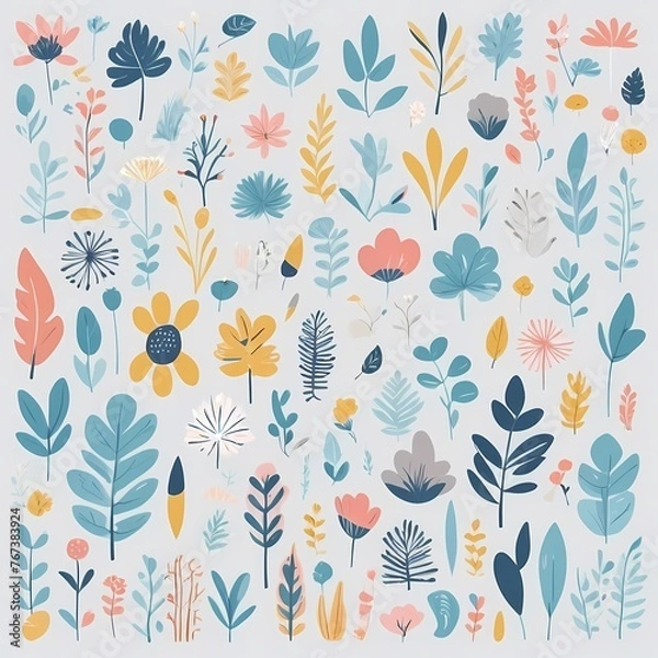 Fototapeta A collection of seamless pattern, colorful abstract plants and flowers. Hand drawn Collection of leaves and flowers. A close up of a pattern of flowers and leaves.
