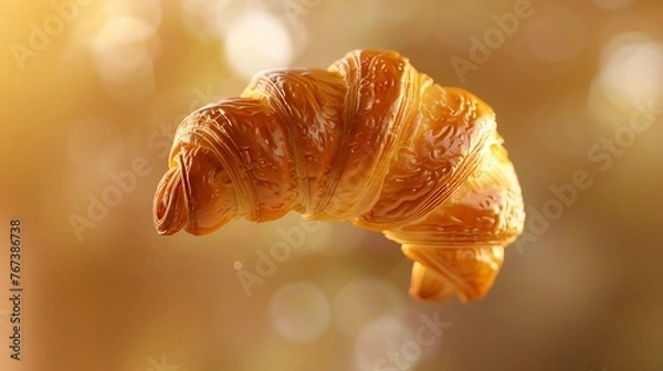 Fototapeta Croissant floating in the air, solid background. Generated by artificial intelligence.