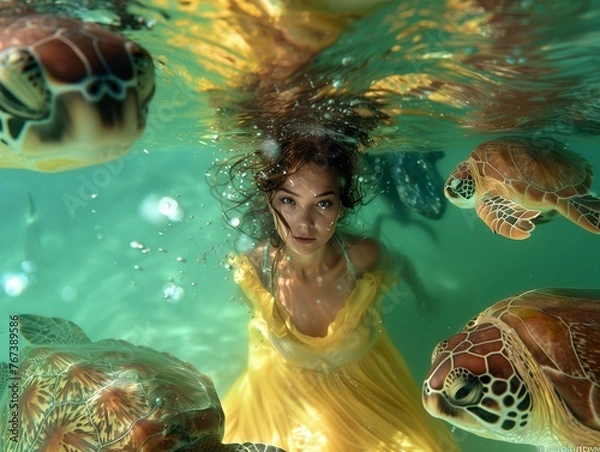 Obraz Underwater photography, female model in the green ocean, turtles around her