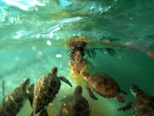Obraz Underwater photography, female model in the green ocean, turtles around her
