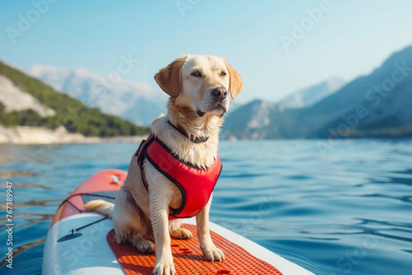 Fototapeta Labrador Retriever Enjoying Paddleboard Adventure