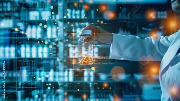 Obraz Scientist Holding Medicine Bottle in Pharmaceutical Lab