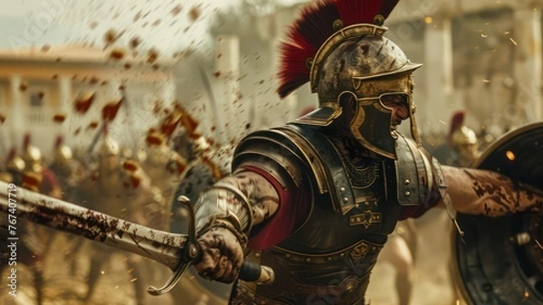Fototapeta Roman soldier fighting with his sword in a battle created with Generative AI