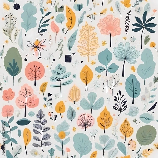 Fototapeta A collection of seamless pattern, colorful abstract plants and flowers. Hand drawn Collection of leaves and flowers. A close up of a pattern of flowers and leaves.
