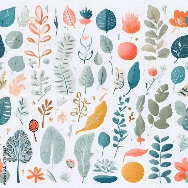 Fototapeta A collection of seamless pattern, colorful abstract plants and flowers. Hand drawn Collection of leaves and flowers. A close up of a pattern of flowers and leaves.
