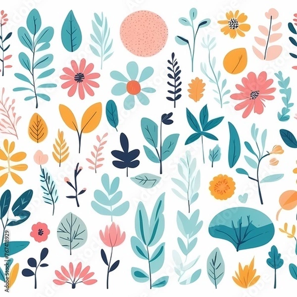 Fototapeta A collection of seamless pattern, colorful abstract plants and flowers. Hand drawn Collection of leaves and flowers. A close up of a pattern of flowers and leaves.
