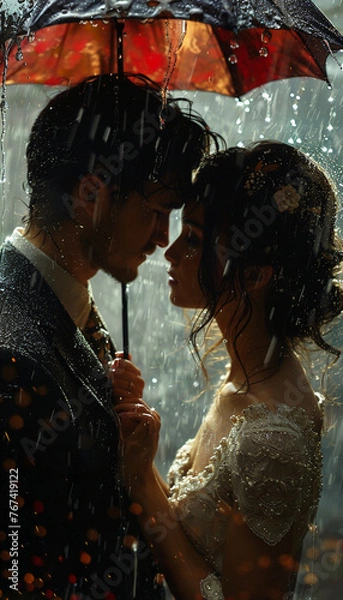 Fototapeta wedding in a starry night, bride and groom. ai generative