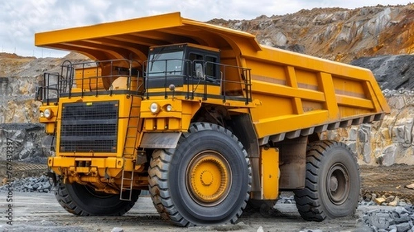 Obraz Big yellow coal anthracite mining truck in operation at an open pit mine industry site