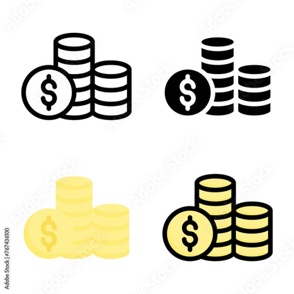 Fototapeta Coin icon set style collection in line, solid, flat, flat line style on white background
