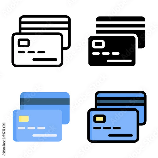 Fototapeta Credit card icon set style collection in line, solid, flat, flat line style on white background