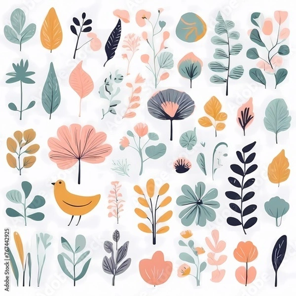 Fototapeta A collection of seamless pattern, colorful abstract plants and flowers. Hand drawn Collection of leaves and flowers. A close up of a pattern of flowers and leaves.
