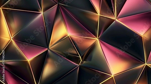 Fototapeta Abstract geometric background with metallic triangles and vibrant colors.