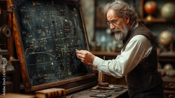 Fototapeta Elderly physicist engrossed in complex theoretical calculations on a blackboard, with antique books and scientific papers scattered around, embodying timeless knowledge