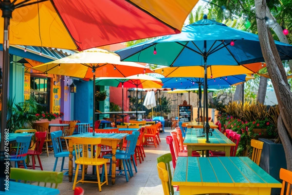 Fototapeta Outdoor patio with umbrellas shading colorful dining tables. Generative AI