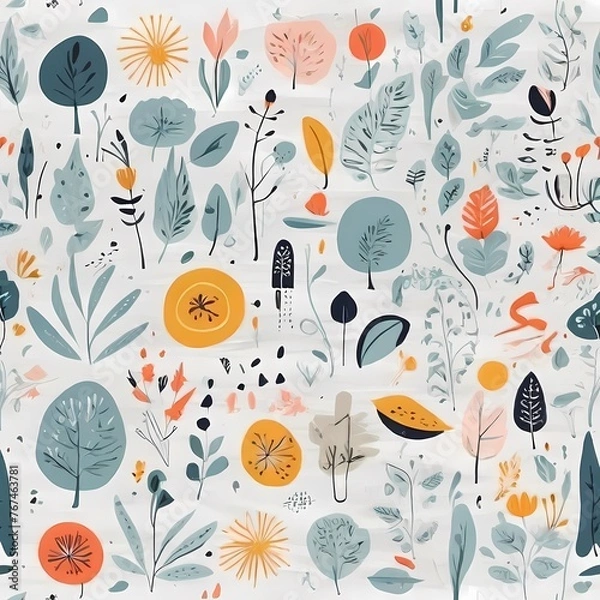 Fototapeta A collection of seamless pattern, colorful abstract plants and flowers. Hand drawn Collection of leaves and flowers. A close up of a pattern of flowers and leaves.
