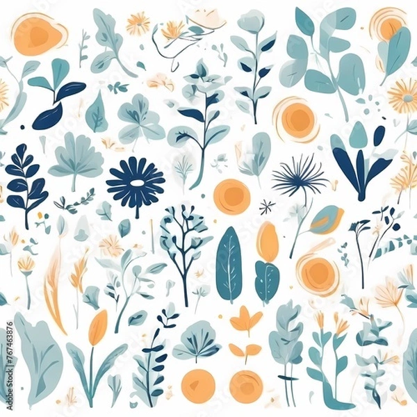 Fototapeta A collection of seamless pattern, colorful abstract plants and flowers. Hand drawn Collection of leaves and flowers. A close up of a pattern of flowers and leaves.
