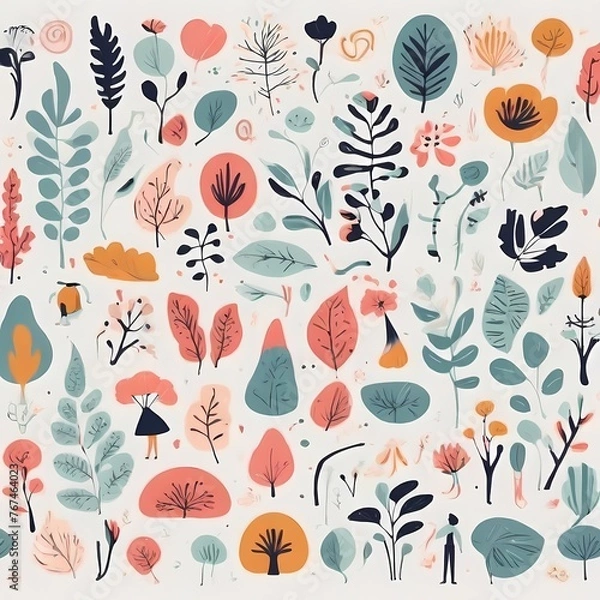 Fototapeta A collection of seamless pattern, colorful abstract plants and flowers. Hand drawn Collection of leaves and flowers. A close up of a pattern of flowers and leaves.
