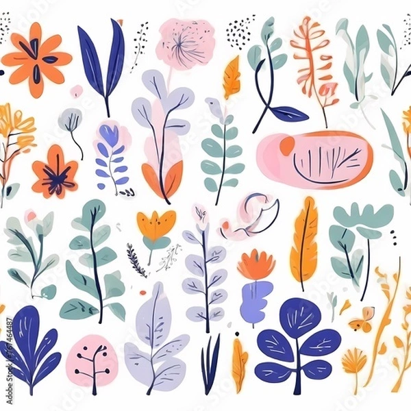 Fototapeta A collection of seamless pattern, colorful abstract plants and flowers. Hand drawn Collection of leaves and flowers. A close up of a pattern of flowers and leaves.

