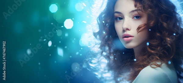 Fototapeta Bokeh beauty body girl on defocused emerald green background, ai generative