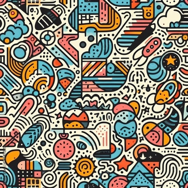 Fototapeta A playful and vibrant seamless pattern composed of colorful line doodles in a creative minimalist style, perfect for children's designs or trendy backgrounds