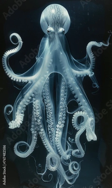 Fototapeta A blurry x-ray image of a translucent octopus floating in water and has tentacles hanging down at its sides. AI illustration