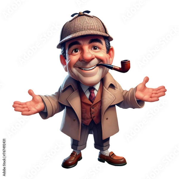 Fototapeta A Private Investigator enjoying a pipe with arms open wide, isolated on a transparent background