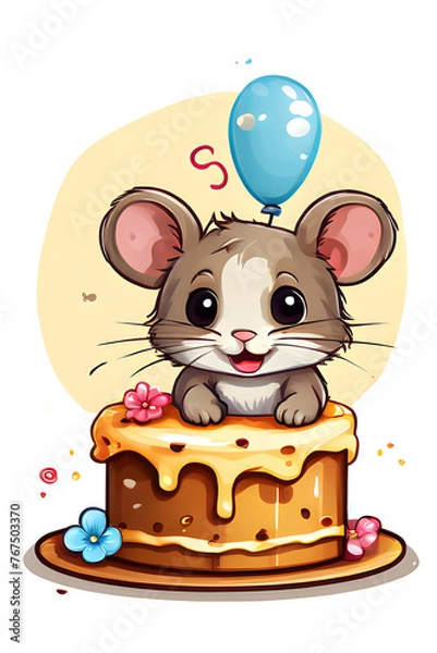 Obraz Mouse with birthday cake. Birthday card concept