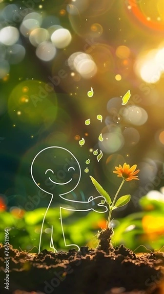 Fototapeta A white line art stick figure with a smile on his face, is planting small plant seeds (line art) in the ground. The background is a bokeh effect flower garden with burning green and white light dots