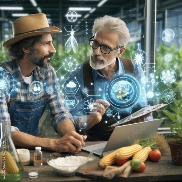 Obraz Collaboration of Farmer and Scientist in Illustration