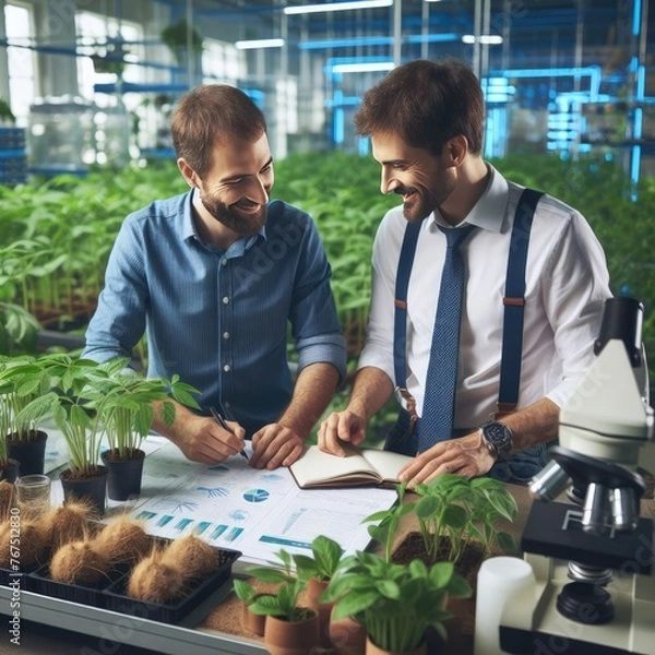 Obraz Collaboration of Farmer and Scientist in Illustration