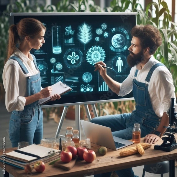 Obraz Collaboration of Farmer and Scientist in Illustration